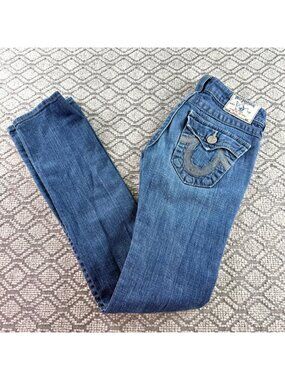 True Religion Straight Leg Jeans Embroidered Signature Flap Back Pockets Size 24